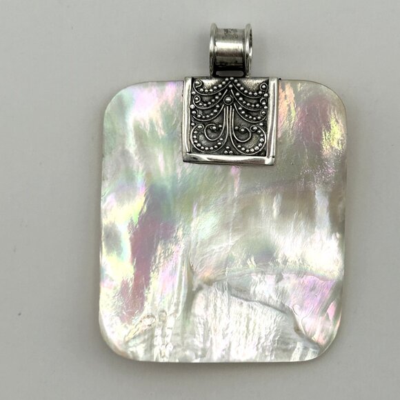 Artisan Sterling Silver 925 Mother of Pearl Iridescent Pendant Shell Boho 2in - Picture 1 of 10